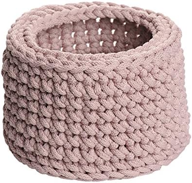 Pink Crochet Round Basket Ø18 H14 cm Handmade Storage Baskets Decorative Bowls Home Organizer Bathroom Storage