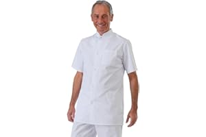 Hurry Jump Label blouse Tunique médicale homme col officier 3 poches fermeture pressions Sergé 210 gramme Couleurs Blanc Pressions inoxydables Lavage Machine 90 degrés ou industriel