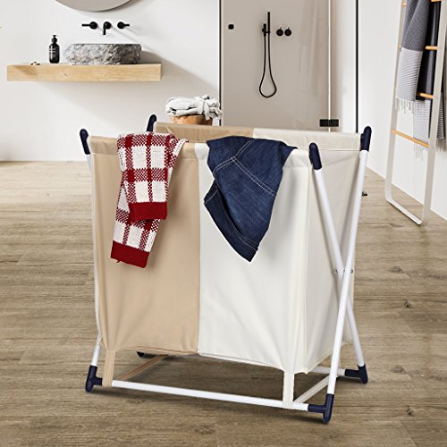 LANGRIA Wäschesammler Faltbare Wäschekorb mit 2 Poly-Baumwollmischung und abnehmbarem Beutel, Metall-X-Rahmen, für Wäsche Lagerung und Organisation, Beige und Khaki - 2