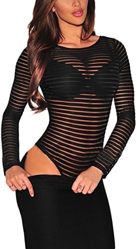 ILFtrend Women Striped Sheer Mesh Jumpsuit Long Sleeves Bodysuit Clubwear (L, Black 1)
