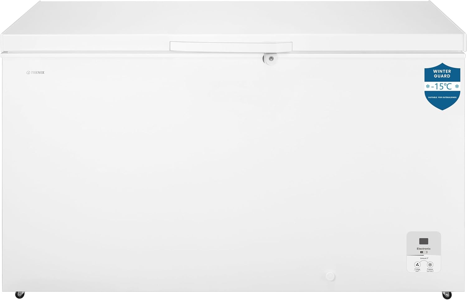 Teknix CH420 Freestanding Chest Freezer - 420L Capacity - Suitable for Garages, Outbuildings and Sheds - Refrigeration Mode - Temperature Control - 4 Star Freezer Rating - E Energy - White