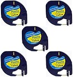 Fácil de instalar Printing Pleasure 91202 12mm x 4m Pack de 5 Cintas de plástico para Dymo LetraTag LT-100H LT-100T LT-110T QX 50 XR XM 2000 Plus Impresoras de etiquetas, negro sobre amarillo