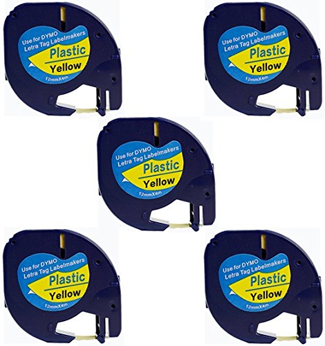 Printing Pleasure 91202 12mm x 4m Cinta de pl  stico para Dymo LetraTag LT-100H LT-100T LT-110T QX 50 XR XM 2000 Plus Impresoras de etiquetas  negro sobre amarillo  Pack de 5 