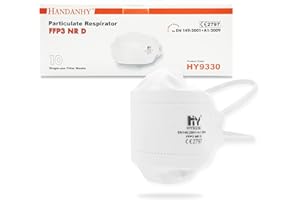 Non-Valved FFP3 Face Masks, Handanhy HY9330 Pro NR D Premium Disposable Respirator - CE Certified & Tested by BSI, Individually Wrapped (10)