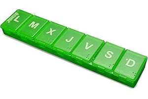 BRICORECHE Pastillero semanal 1 toma pequeño, pastillero pequeño 1 toma, pastillero semanal español 7 dias, pastillero pequeño hombre y mujer color a elegir, pastilleros semanales (Verde.)