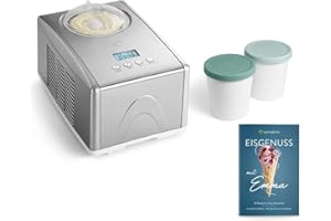 ‎SPRINGLANE KITCHEN SPRINGLANE Eismaschine Emma 1,5 L mit selbstkühlendem Kompressor 150 W, aus Edelstahl mit entnehmbarem Eisbehälter, inkl. Rezeptheft (Silber, Eismaschine + 2 Aufbewahrungsbehälter Mint)
