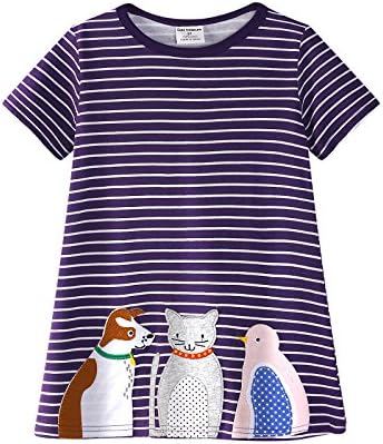 Backbuy Baby Girls Short Sleeve Purple Stripe Dog Cat Bird Casual Dresses Size 4 Years 100% Cotton