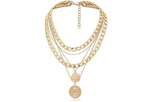 GAUEIOUR Punk Chunky Chain Necklace,Multi Layered Engraved Coin Alloy Pendant Necklace, Round Hip Hop Pendant,Exaggerated Cuban Necklaces, Thick Collar Jewelry For Women(Golden)