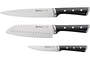 Tefal Ice Force – Juego de 3 Cuchillos: Rebanador 20 cm, Santoku 18 cm, Universal 11 cm | Acero Inoxidable Alemán, Tecnología Ice Force -120°C, Mango Remachado, Resistente a la Corrosión
