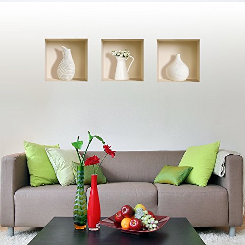 DIY Pegatinas Etiquetas para Pared Desmontables de Vinilo 3D Arte Mágico de Nisha, Conjunto de 3, Jarrones blancos