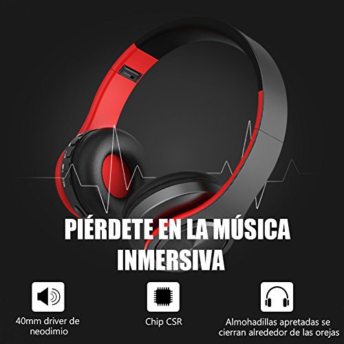 Cascos Bluetooth Inal  mbrico Est  reo de Alta Fidelidad Auriculares de Diadema Cerrados con Micr  fono  Manos Libres y Cable de Audio Orejeras Suaves para iPad  iPhone  M  viles Android  Ordenador  Tablet PC  Rojonegro 