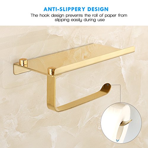 BONADE® Edelstahl Toilettenpapierrollenhalter WC-Papierhalter Rollenhalter Halter mit Ablage, zur Wandmontage, Gold - 5