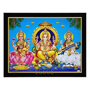 SHREE GANESH ENTERPRISE GIFTING SOLUTIONS Ganesh Lakshmi Saraswati HD Photo Frame God Goddess Painting Diwali Pooja Wall Hanging (Wood, Poster with Frame, Multicolour, 31x1x25cm)