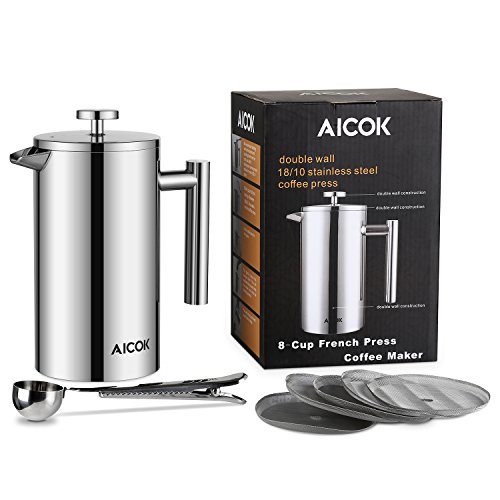 Aicok Cafetiere French Press Stainless Steel Double Wall Coffee Maker, Coffee & Espresso Filter, Tea Pot 8 Cups 1L / 34 oz
