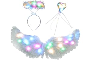 Anyingkai Engelsflügel mit Led Weiß,Engel Flügel Kostüm,Halloween Kostüm Mädchen Engel,Engelsflügel Kostüm Kinder,Federflügel Engel,Engelsflügel Kostüm für Halloween Karneval Cosplay Party Cosplay