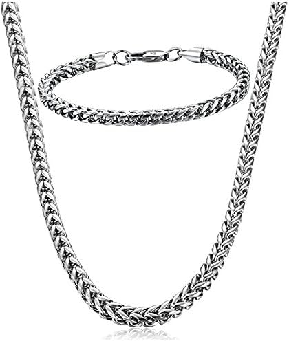 Eyesworld Stainless Steel Wheat Chain Necklace for Men Women Necklace Bracelet Jewelry Set 5mm in Width, 24" 8.5"