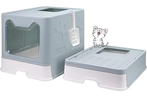 MINGYI Bac à Litière pour Chat Fermée, Grande Maison de Toilette Chat Pliable avec Couvercle, Tiroir à Litière avec Pelle, WC pour Chats, Jusqu'à 7 kg (Bleu XL 51×41×38 cm)