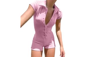 shownicer Combinaison en Tricot Femme Manche Courte Bodysuit Sexy Col en V Combishort Serrée Une Pièce Moulante Vintage Y2k Streetwear Jumpsuit