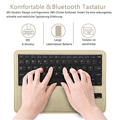 Ipad 9.7 Bluetooth Tastatur Hülle, Boriyuan 360 Grad drehbar Leder Case Schutz Tasche Cover mit Bluetooth Wireless Tastatur (Deutsche QWERTZ) keyboard case für Apple iPad 9,7 Zoll 2017 (Gold) - 5
