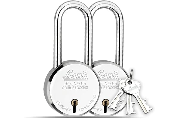 Link 65mm New Round Long Shackle Padlock Steel Body Iron Lever Double Locking 50,000 Key Combinations 3 Silver Keys for Each Padlocks (Pack of 2)