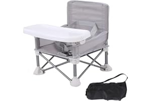 DXDYDZ Baby Travel Booster Seat Foldable Toddler Dining Chair with Tray, Adjustable Seat Belt,Storage Bag Children High Chair Portable Feeding Seat Infant Chair Lightweight for Park Outdoor (Grey)