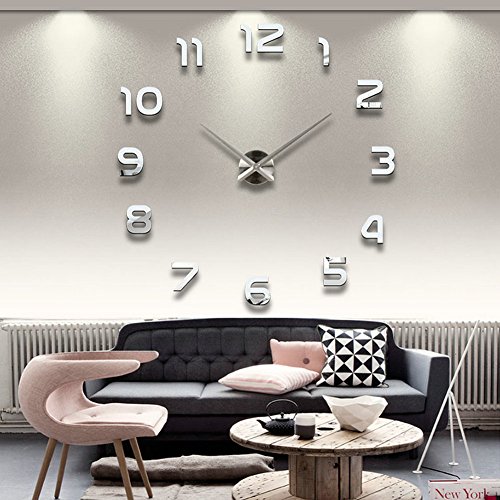 Aidudo DIY Grosse Wanduhr 3D Spiegel Aufkleber WandSticker Grosse Uhr Zimmerdeko Geschenk 80-150cm Diameter. (Silber)