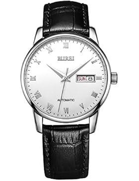 Burei® Herren Armbanduhr, Tages- und Datumsanzeige, Kalender, Edelstahl, Automatik, wasserdicht, Band aus schwarzem...