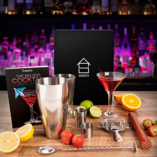 Savisto Premium Cocktail Set mit Boston Cocktail Schüttelbecher, Glas, Rezeptbuch mit 500 Rezepten, 25ml & 50ml Messbecher, gedrehtem Barlöffel, Sieb, Holzstössel, & Elegante Geschenkbox - 3