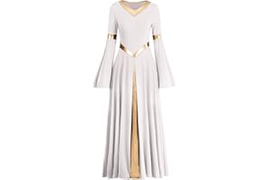 IMEKIS Women Liturgical Praise Dress Metallic Splice Lyrical Dance Dresses Long Sleeve V Neck Casual Pleated Swing Skirt Church Worship Prayer Gowns Ballroom Dancewear Costume