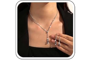Inateannal Crystal Bridal Necklace Earrings Set Rhinestone Y Lariat Necklace Crystal Tassel Drop Earrings Gold Tennis Choker Necklace Bridal Jewelry Cubic Zirconia Necklace Wedding Prom Costume Sets