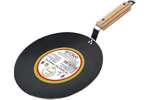amicus Kitchen Premium Iron Tawa for Roti Chapati, Concave Iron Tava with Wooden Handle, 10 Inch, 1.2 Kg, Black