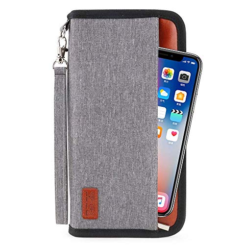 Reisepass Tasche Reisedokumententasche Reisemappe Reisebrieftasche Ausweistasche Dokumente Organizer + 2 Passport Hülle+5 RFID-Blocker Kreditkarte Etui für Damen und Herren (Grau, 25x13cm)