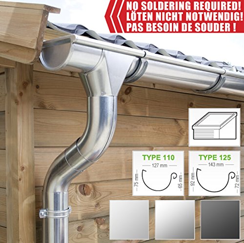 Zink Dachrinnen/Regenrinnen Set | Pultdach (1 Dachseite) | in Titanzink/Verzinkt/Anthrazit! Ideal für Veranda, Überdachung oder Vordach. (Komplettes Set bis 6.80 m [Type 110], Verzinkt)