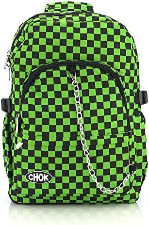 CHECKER BLACK &amp; GREEN BACKPACK RUCKSACK BAG with LAPTOP PROTECTION | School College Travel Work | Check Goth Rock Emo Skate | CHOK