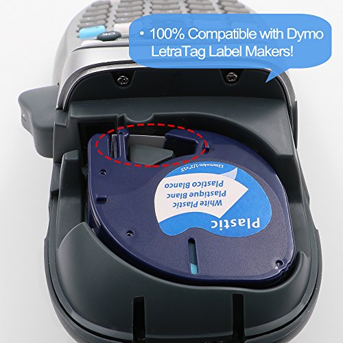5 x Cintas Cassette Cintas de Etiquetas Compatibles con Dymo LetraTag 91201 S0721610 Plastico Negro sobre Blanco 12mm x 4m para Dymo LetraTag LT-100H LT-100T LT-110T QX 50 XR XM 2000 Plus