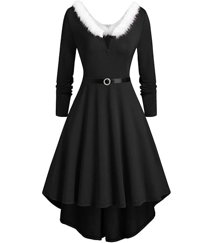 Robe De Noël Femme Manches Longues - Style Vintage Années 50 Avec Coutures Fourrure - Col En V, Taille Trapèze - Pour Fête Ou Déguisement Moche