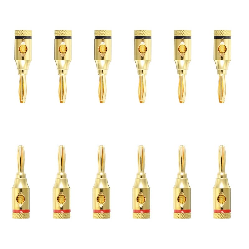 fdealz® [ 6 Pairs - 12 Pieces (6 BLACK + 6 RED) ] Banana AUDIO Connector Plug ; Open Screw Type used with Speaker Wire, Home Theater ; 24K Gold-Plated Audio Connector Banana Plug