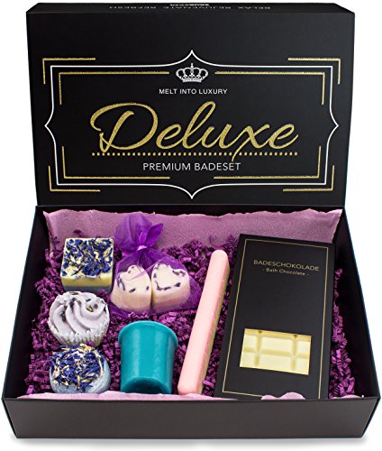 BRUBAKER 8 teiliges Bio Badepralinen Geschenkset "Deluxe Lavendel" - Edel - Vegan - Natürliche Inhaltsstoffe von höchster Qualität - Olivenöl, Sheabutter, Kokosöl, Kakaobutter - Handgemacht - inkl. Geschenkbox