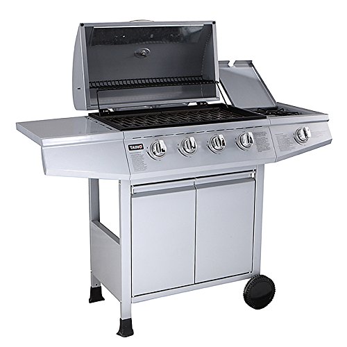 TAINO® Gasgrill BBQ Grillwagen wahlweise im Set mit Zubehör 4 Edelstahl-Brenner 1 Seitenkocher Gas-Grill TÜV Farbe Silber (4+1) (Gasgrill 4+1) - 5