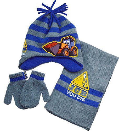 Childrens 3pc JCB Winter Beanie Hat, Gloves (mittens) and Scarf Set - 1 to 6 yrs[1-3 Years][Grey]