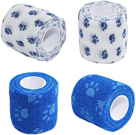 Pet Bandage Paw Printed Animal Cohesive Compression Tape 2"5YD for Dog Cat Horse , 2Pcs Blue + 2Pcs White