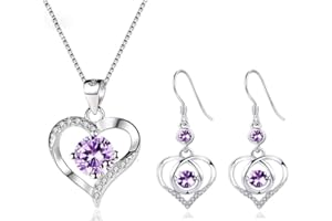 Deyanse Silver Jewellery Sets for Women, 925 Sterling Silver Heart Pendant Necklace and Earring Set with White/Blue/Purple Cubic Zirconia, Jewellery Set Wedding Engagement Birthday Gifts