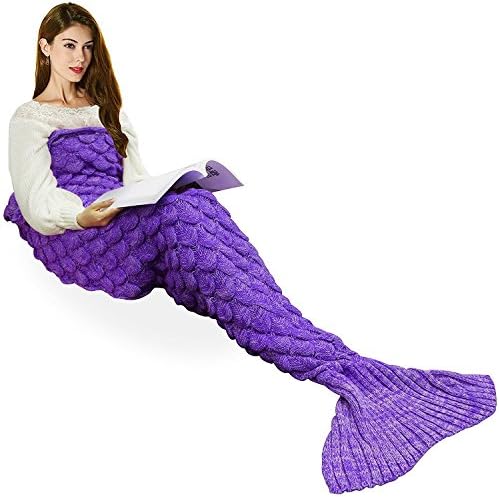 eCrazyBaby Wearable Mermaid Tail Blanket Crochet, All Seasons Warm Knitted Bed Blankets Sofa Living Room Quilt for Kids and Adults, Fish-Scales Pattern, 70.9" x 35.5" (180 x 90cm), Violet