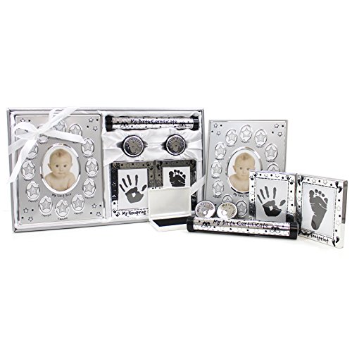 Caja de recuerdos de 5 piezas, unisex, con marco para la primera foto, caja para el primer rizo y primer diente y kit de estampación de huellas de mano y pie- plateado SHINY SILVER