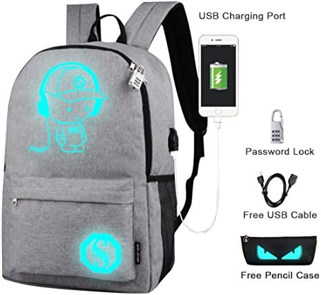 Luminous Backpack with USB Charging Port and Anti-theft Lock School Rucksack Laptop Backpack College Bookbag (Grey Devil Eye)