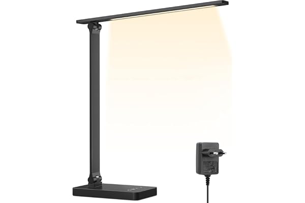 Lepro Lampe de Bureau 750 lm, Lampe Bureau avec Adaptateur, 5 Modes de Couleur et 5 Niveaux de Luminosité Dimmable, Anti-Éblouissement, Contrôle Tactile pour Lecture Travail Étudier - Noir