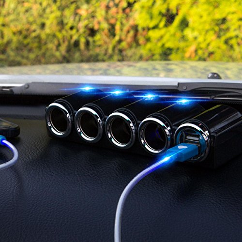 KFZ 12V/24V Auto Verteiler 6 Fach – 4x Zigarettenanzünder Adapter mit 2x USB Ladegerät 120W für Handy Smartphone GPS Navigation – Ladesteckdosen LED - 5