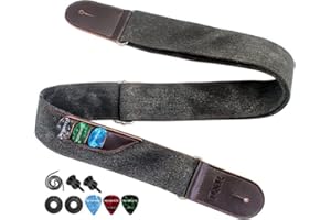 ROTOPATA Guitar Strap with 3 Pick Holders, Genuine Leather/PU Ends, Adjustable Length from 33" to 55", Soft Cotton Straps for Acoustic Bass Electric Guitars