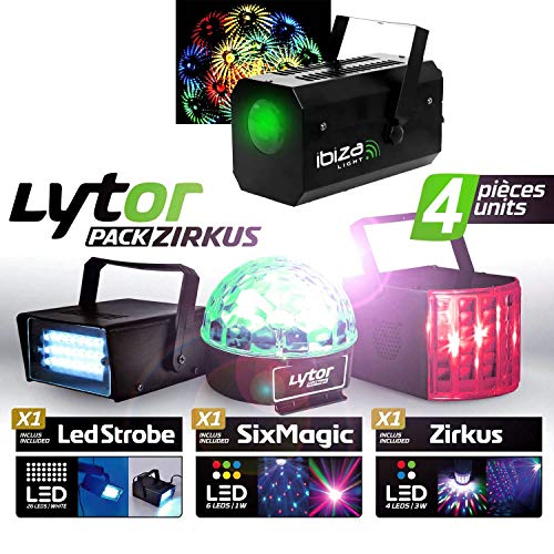 PACK 4 Jeux de lumière stroboscope + dôme ASTRO 6 LEDs + Derby 4 LEDs RGBW + LCM002