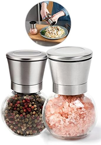 Joyworker Stainless Steel Salt and Pepper Mills Grinders Set - Set of 2 - Fit for all Granular Spices - Somatological Design - Glass Mills with Stainless Steel Lid- Height 4.9 inches